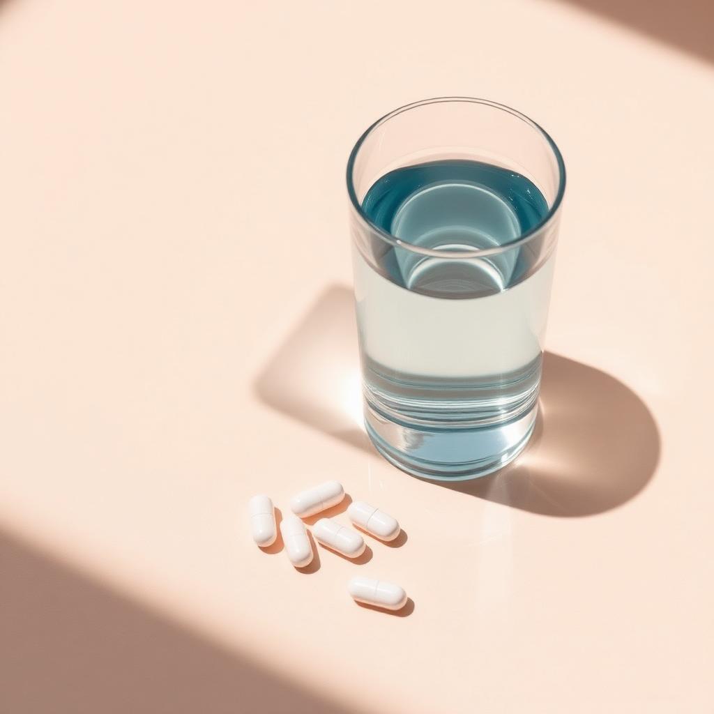 A glass of water beside white tablets in soft natural light