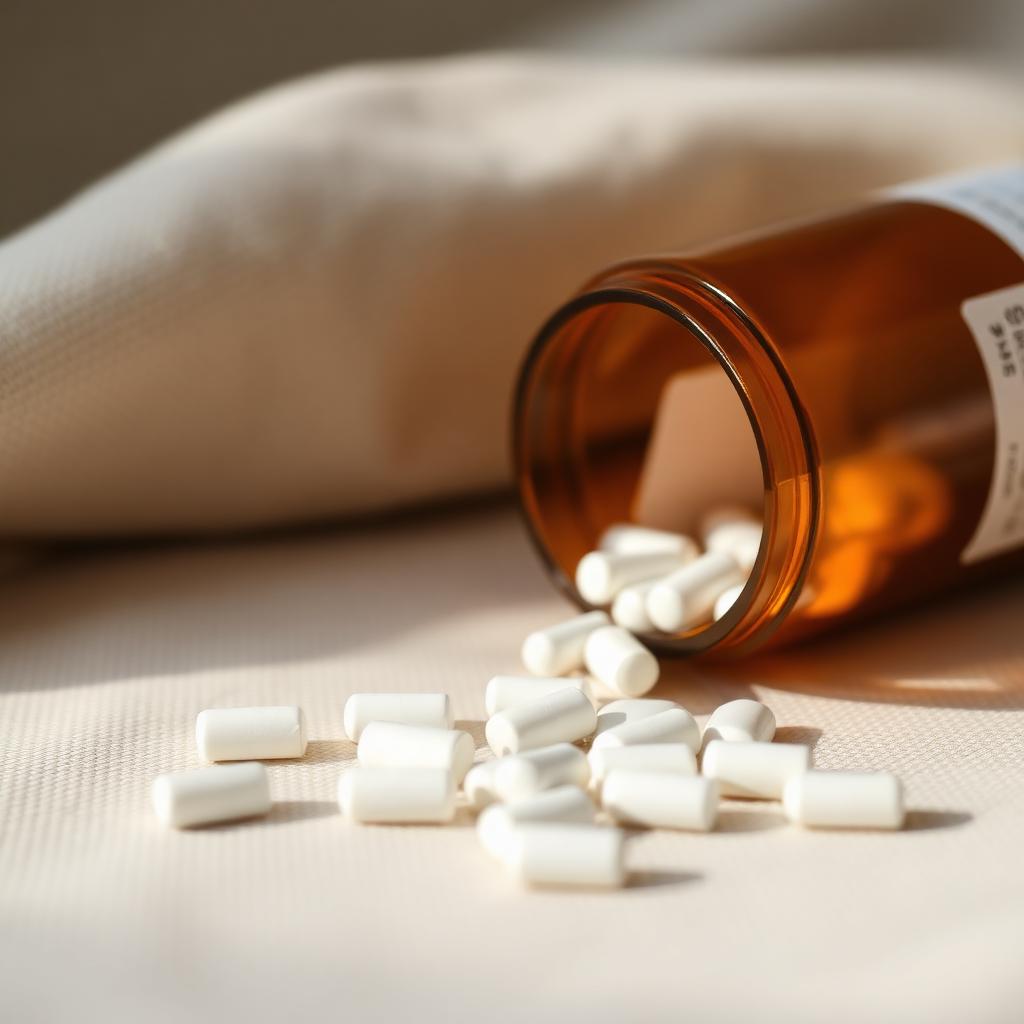 A prescription pill bottle resting on soft linen in warm light