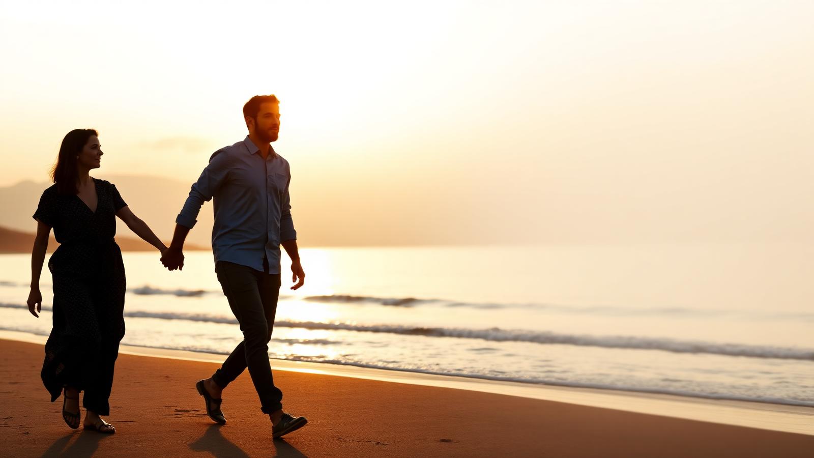 Couple holding hands walking on a beach at golden hour