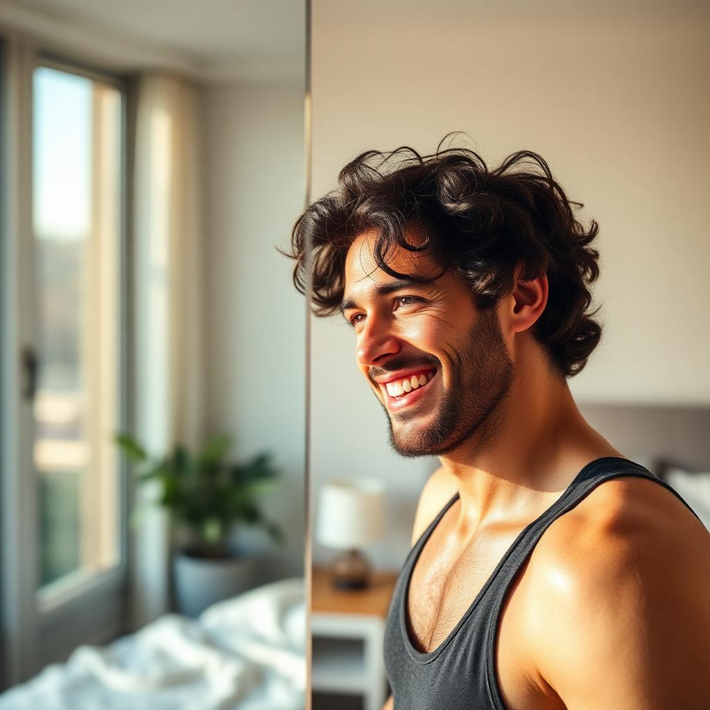 Confident man with healthy thick hair smiling in a sunlit modern bedroom