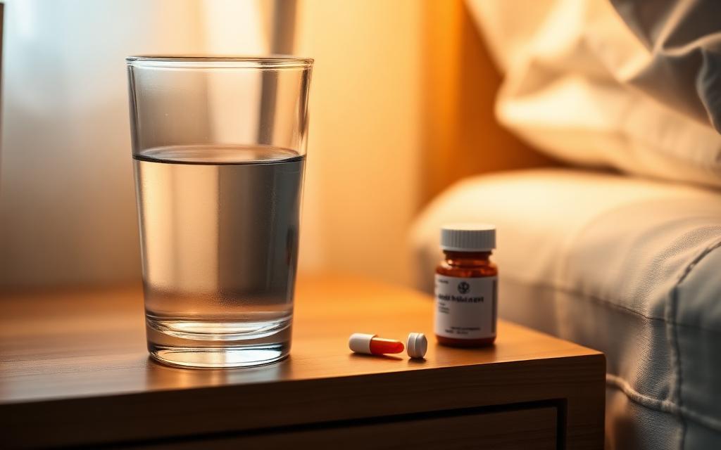 Glass of water and a small pill bottle on a wooden nightstand