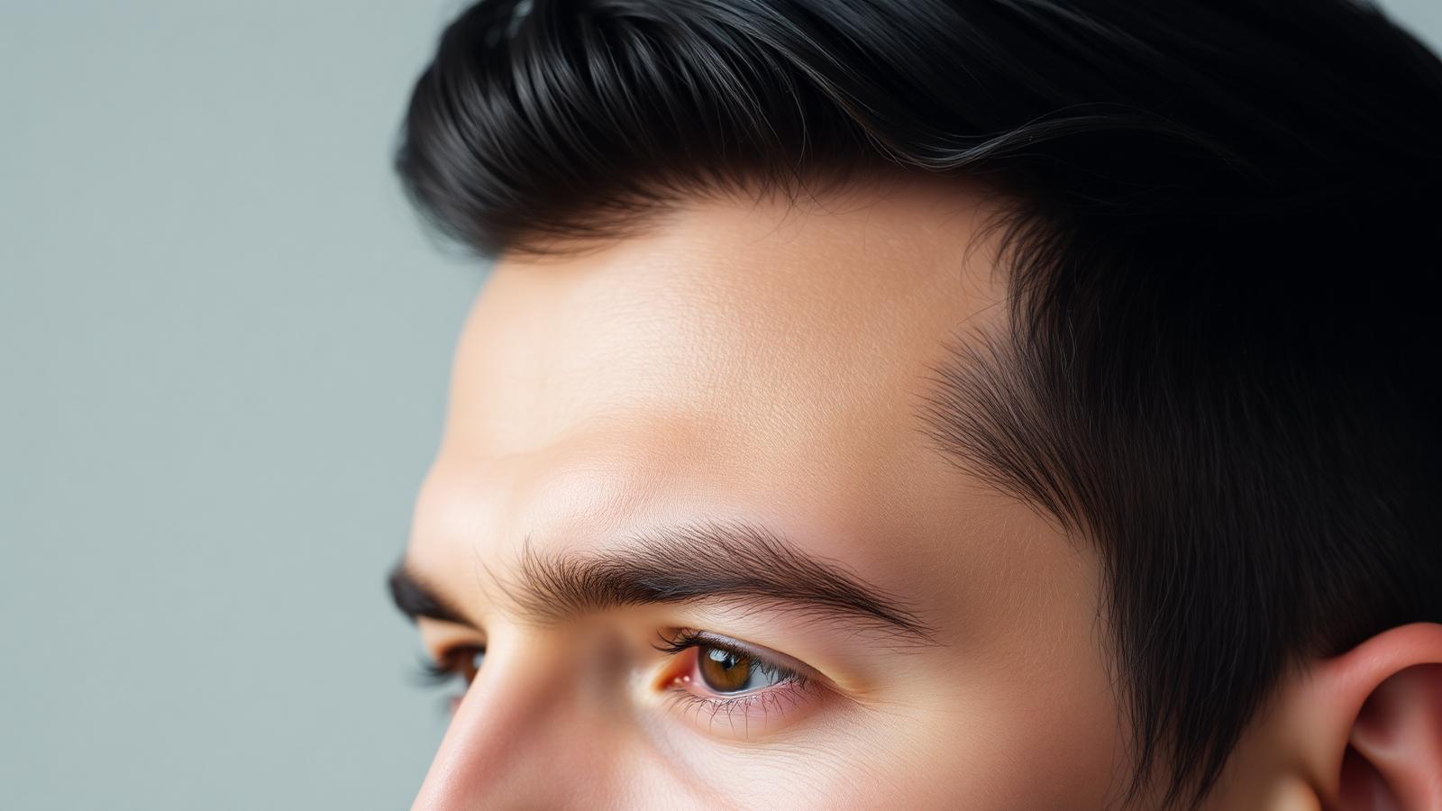 Close-up of a man's healthy hairline with thick dark hair
