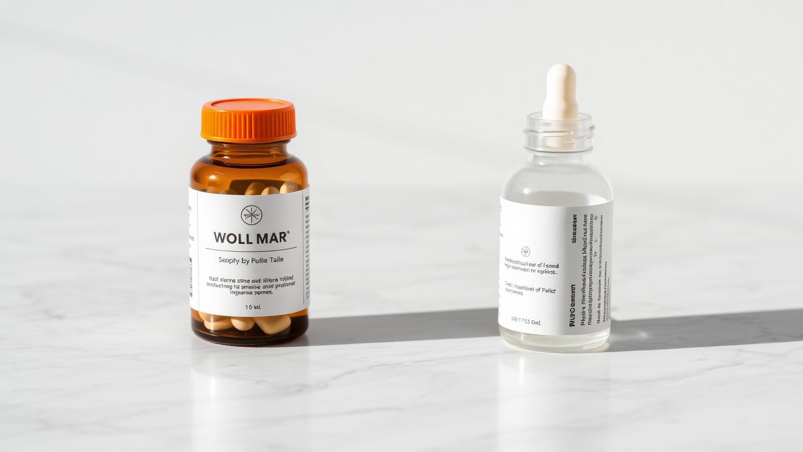 A small amber pill bottle and a clear dropper bottle side by side on marble