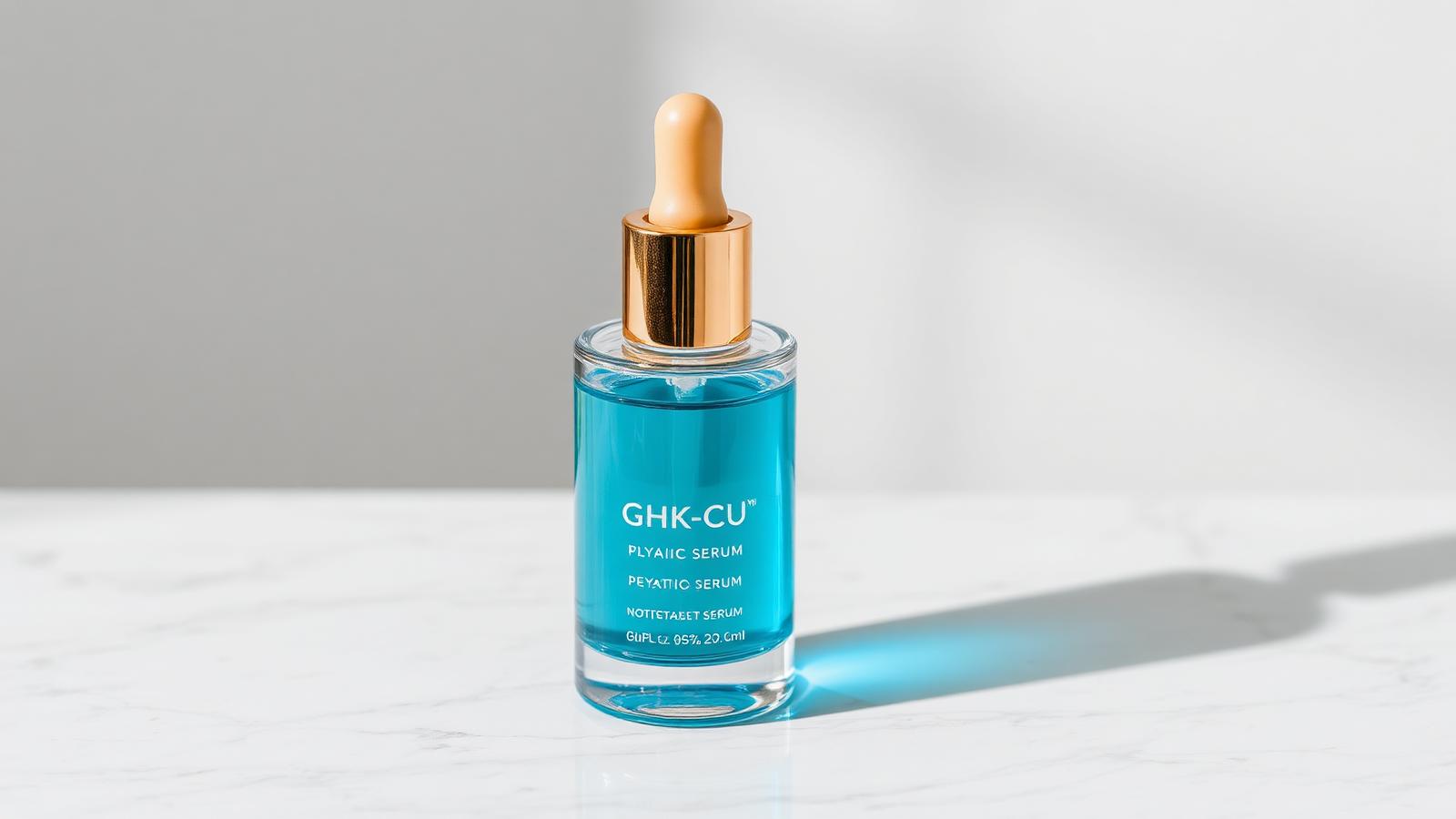 A premium blue copper-peptide serum dropper bottle on a marble surface