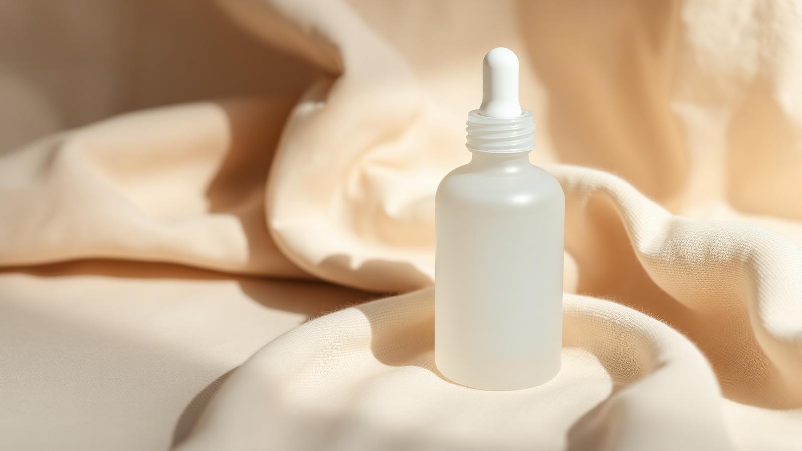 Frosted glass dropper serum bottle on soft linen