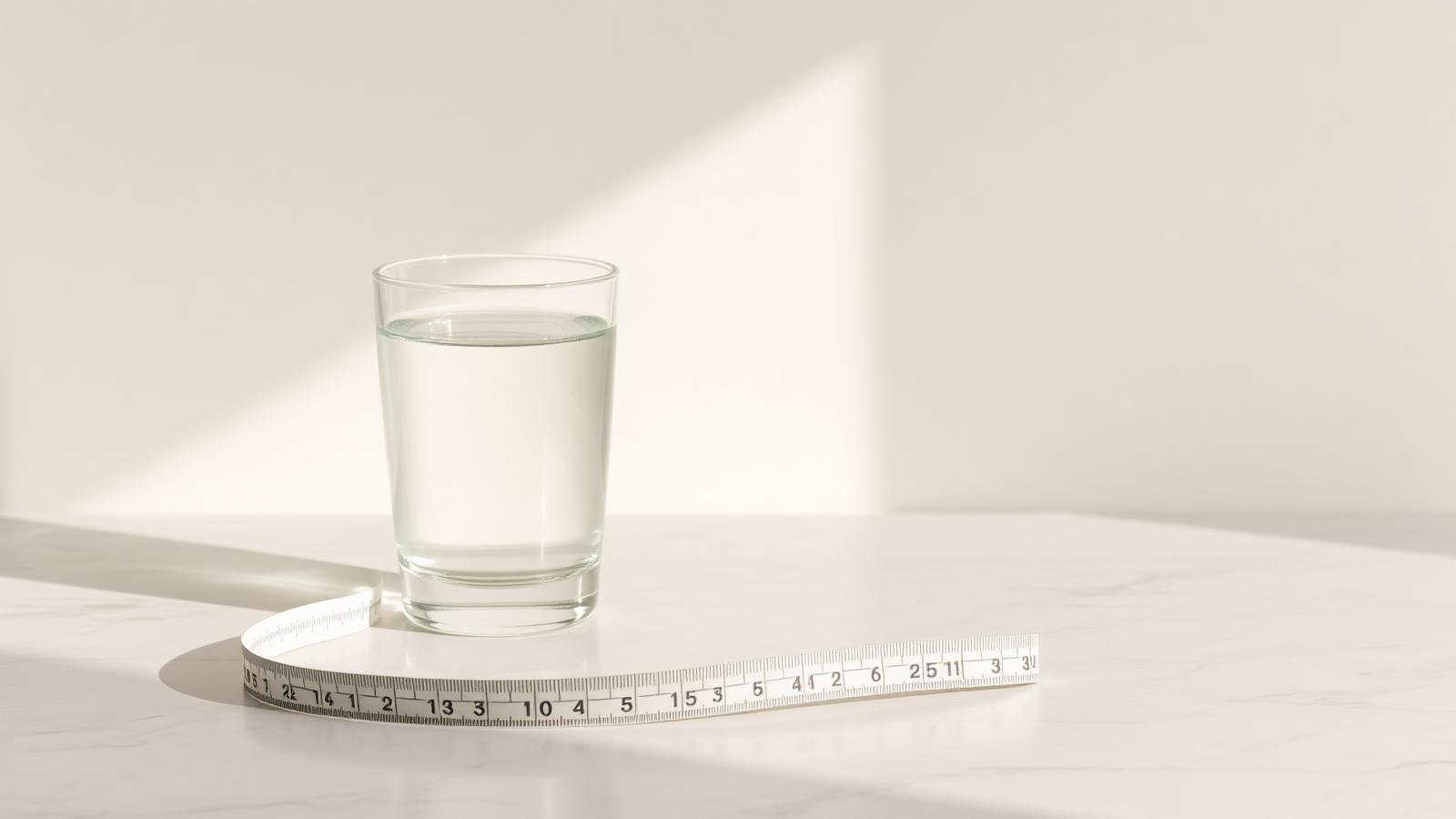 Glass of water and measuring tape on a marble surface
