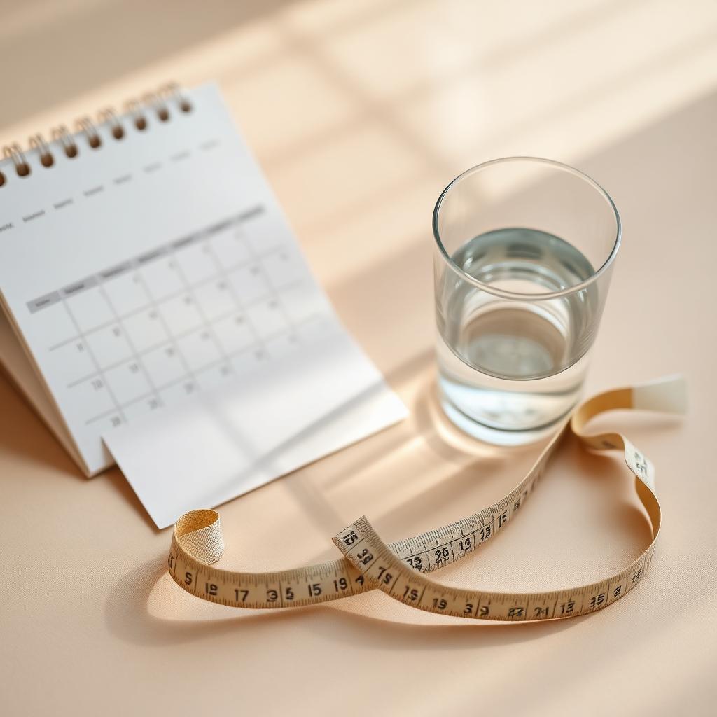 Calendar, glass of water, and measuring tape on a beige surface in soft morning light