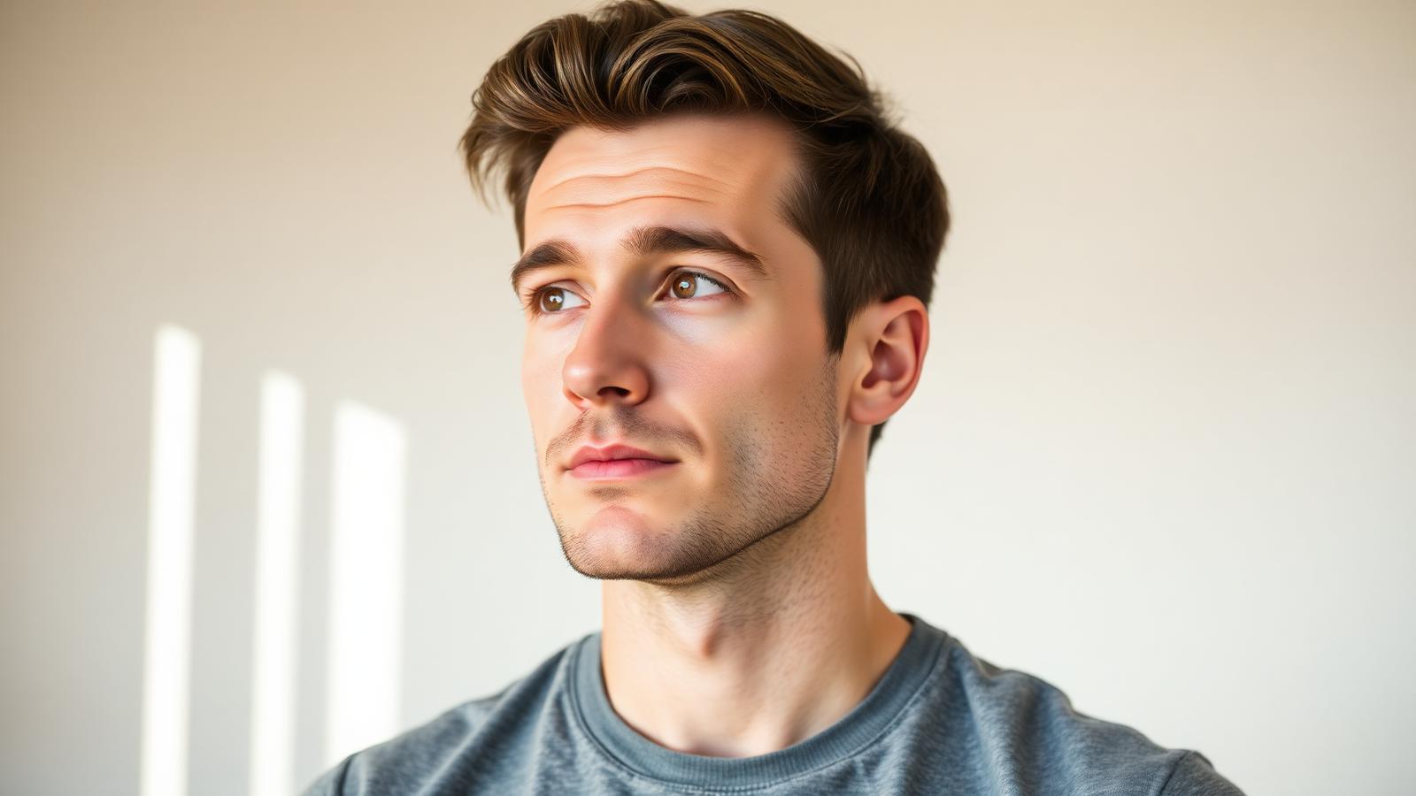 Confident man with healthy thick hair in soft window light