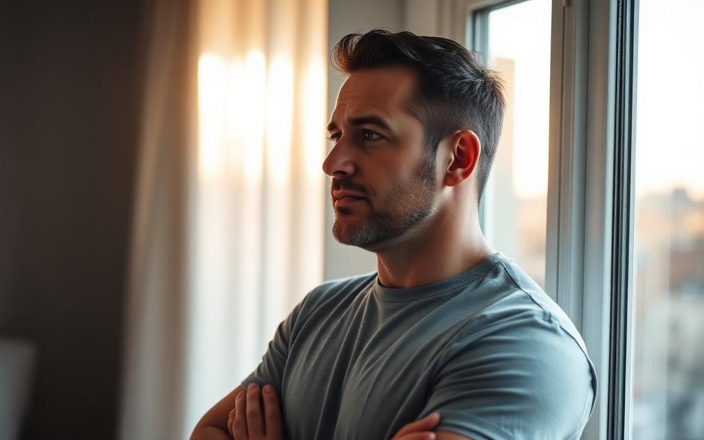 Man standing by a sunlit window in a calm modern bedroom