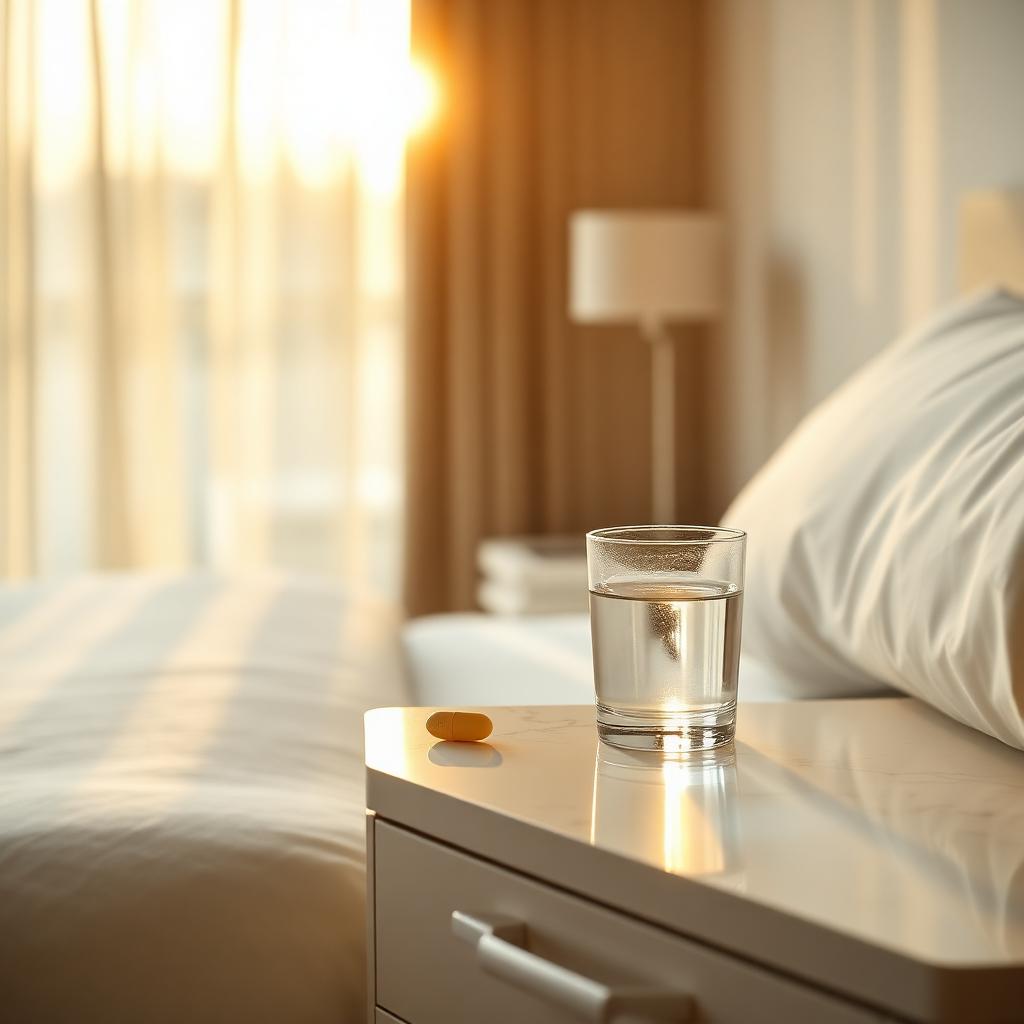 Yellow tadalafil tablet on a marble nightstand beside a glass of water in golden morning light