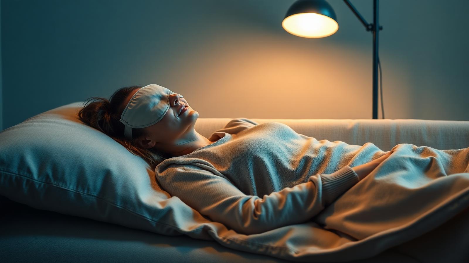Person resting calmly on a couch with eye mask under warm lamp light