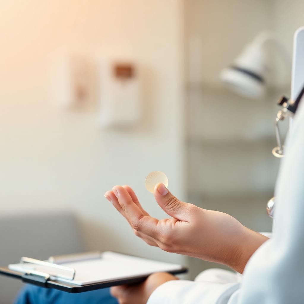 A clinician's hand carefully holding a small therapeutic lozenge