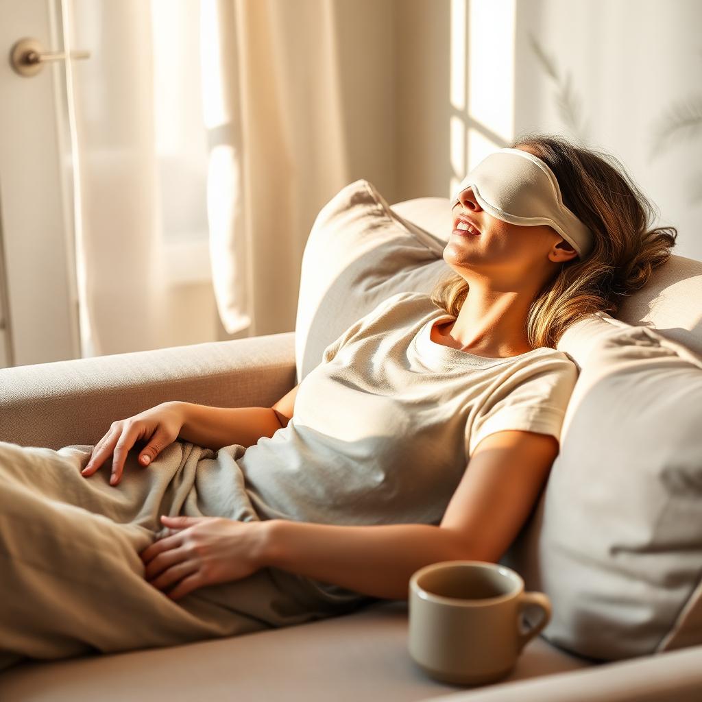 Person relaxing with an eye mask on a sofa in warm afternoon light during an at-home ketamine session
