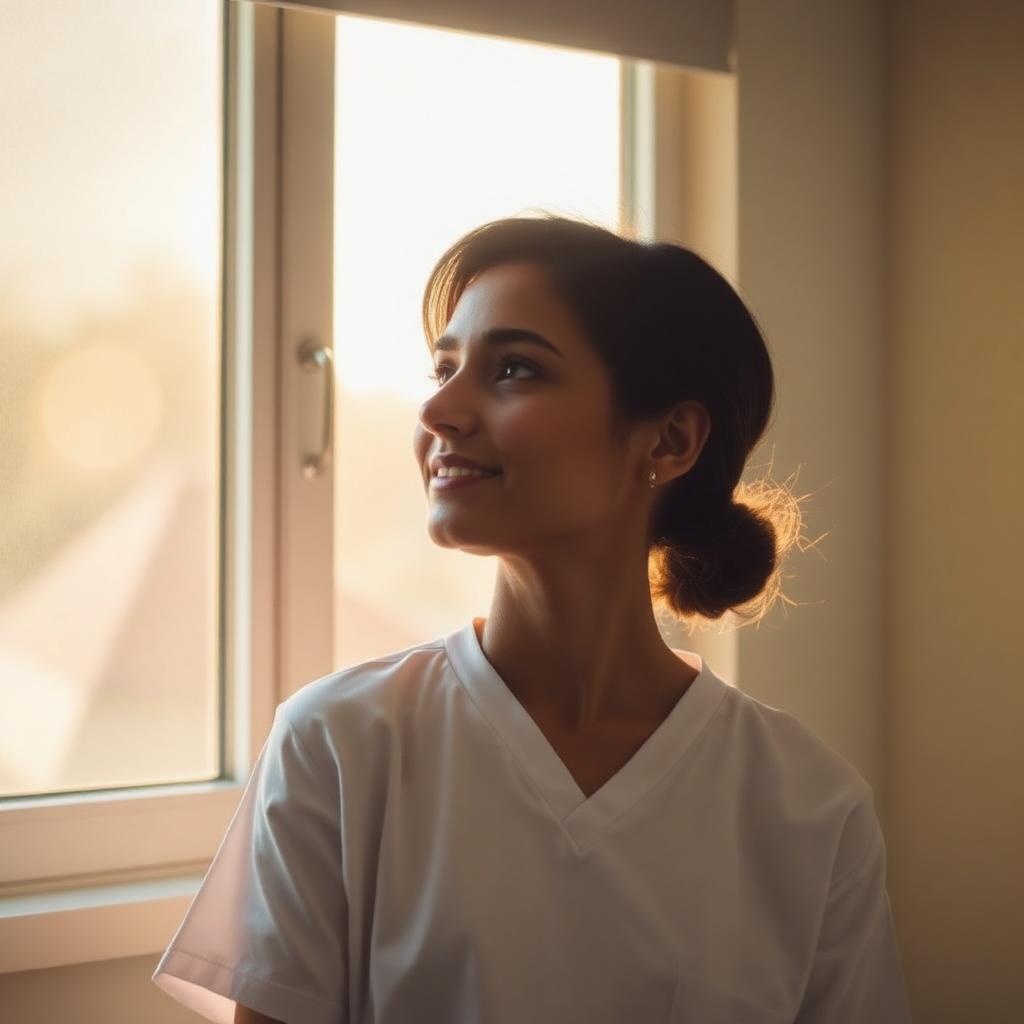 A person facing a sunlit window with a hopeful expression