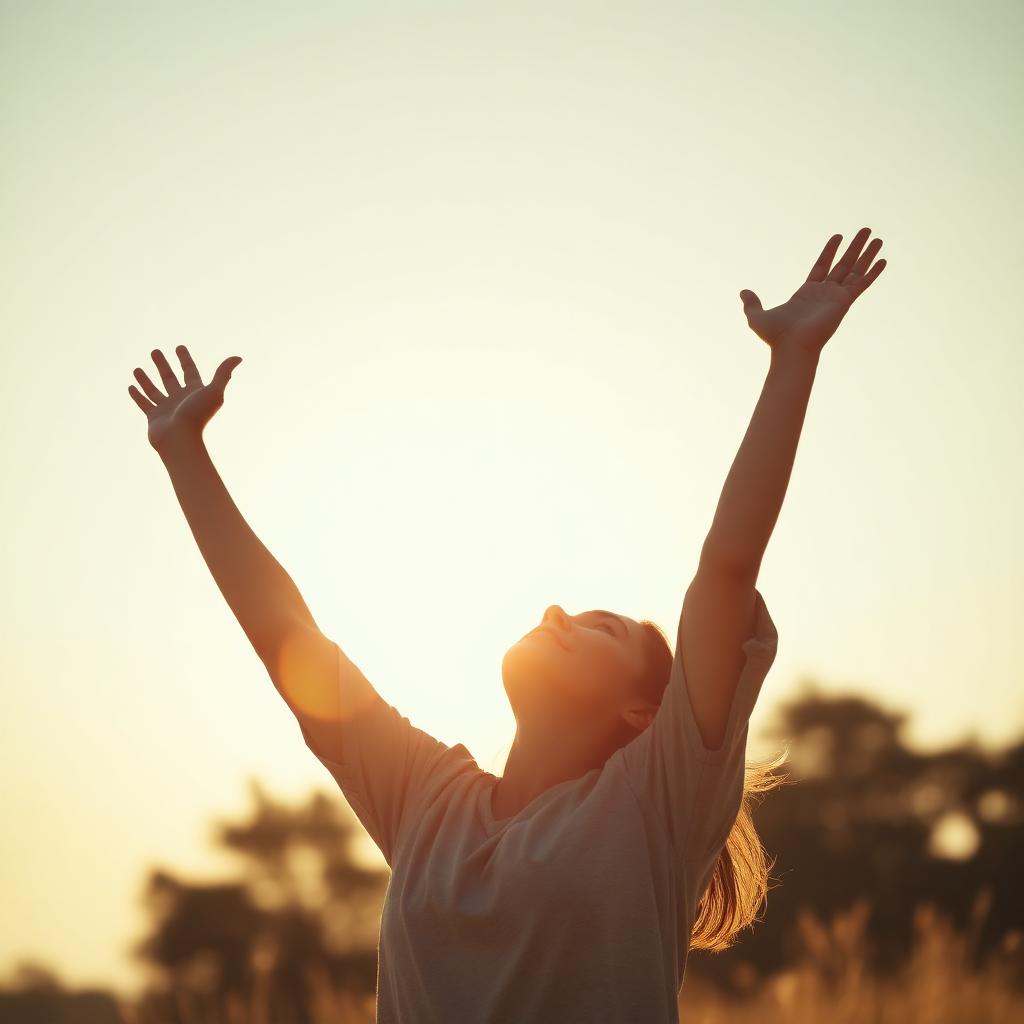 A joyful person with arms raised toward the sky in golden sunlight
