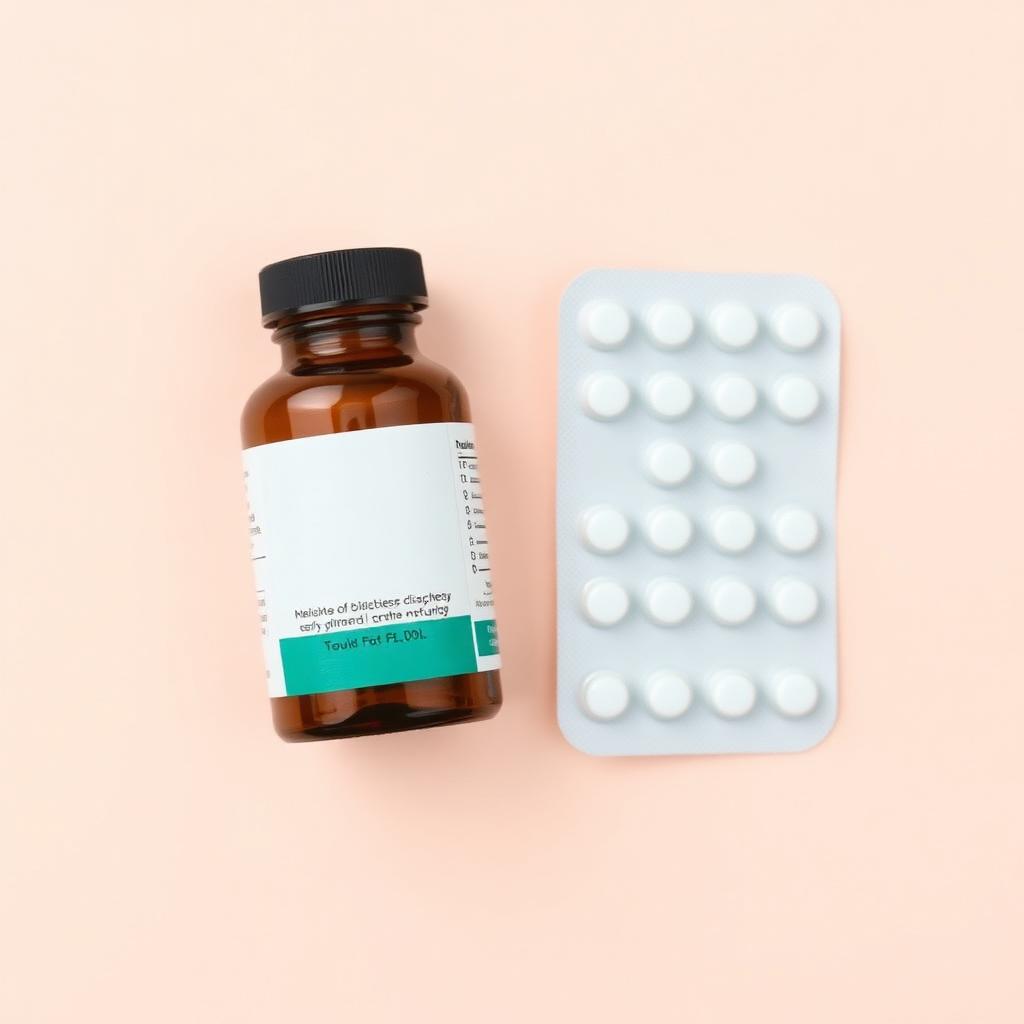 Medicine bottle next to a blister pack on a soft pastel background