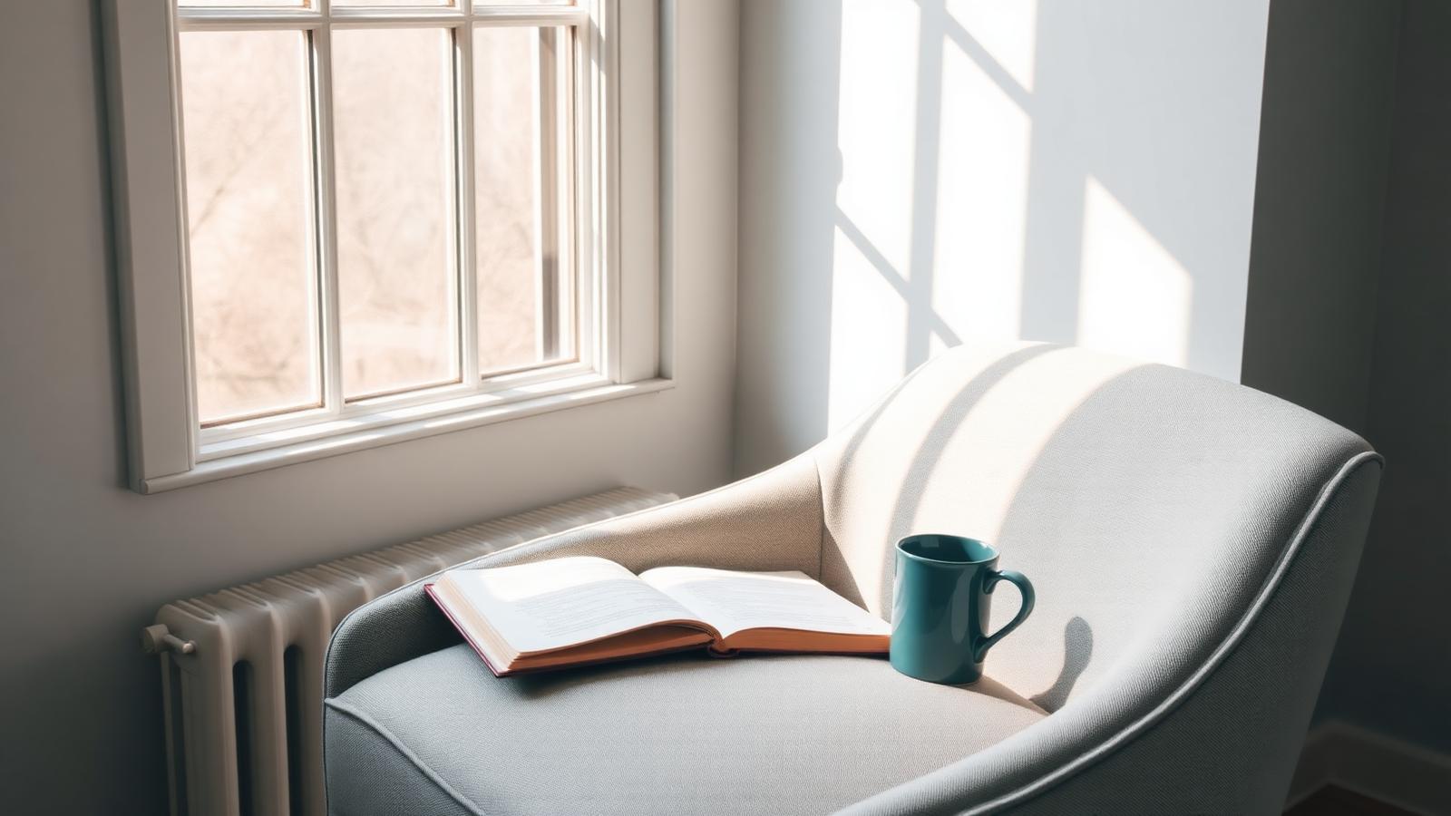 Sunlit linen armchair with an open notebook and warm mug