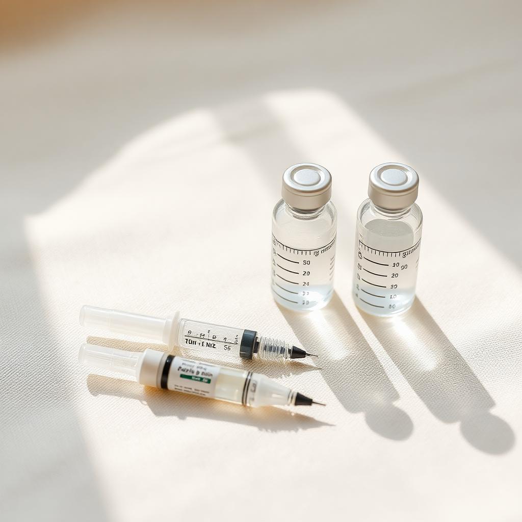 Clear peptide vials and syringes on a soft linen surface in morning light