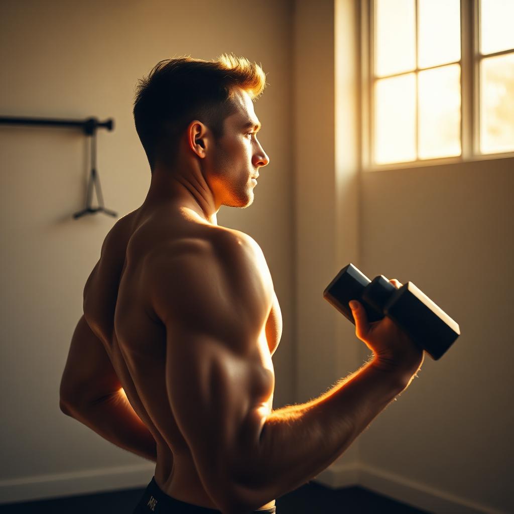 Lean athletic man lifting a dumbbell in a sunlit minimalist gym