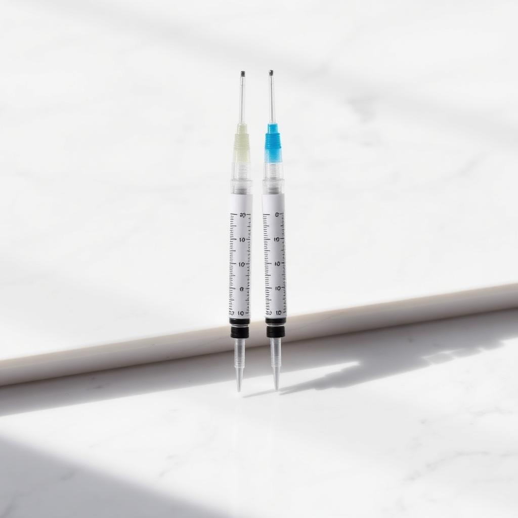 Two weight loss injection pens on a clean marble surface in soft daylight