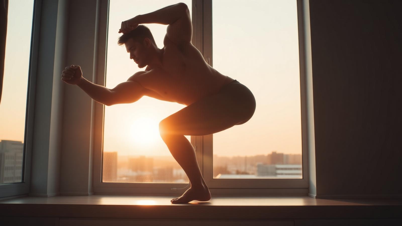 Athletic man stretching at sunrise by a window