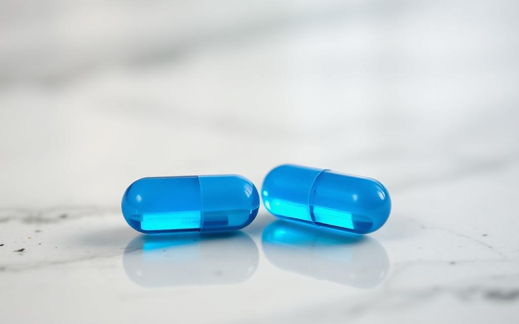 Two blue ED medication pills on a clean marble surface