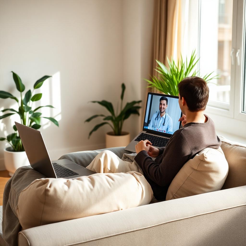 Person on a sofa in a sunlit living room having a video telehealth visit with a clinician on a laptop