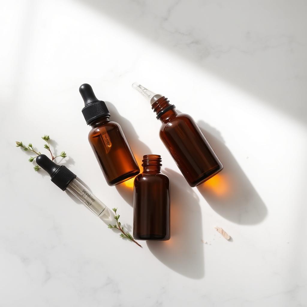 Amber dropper bottles and botanicals arranged on a white marble surface
