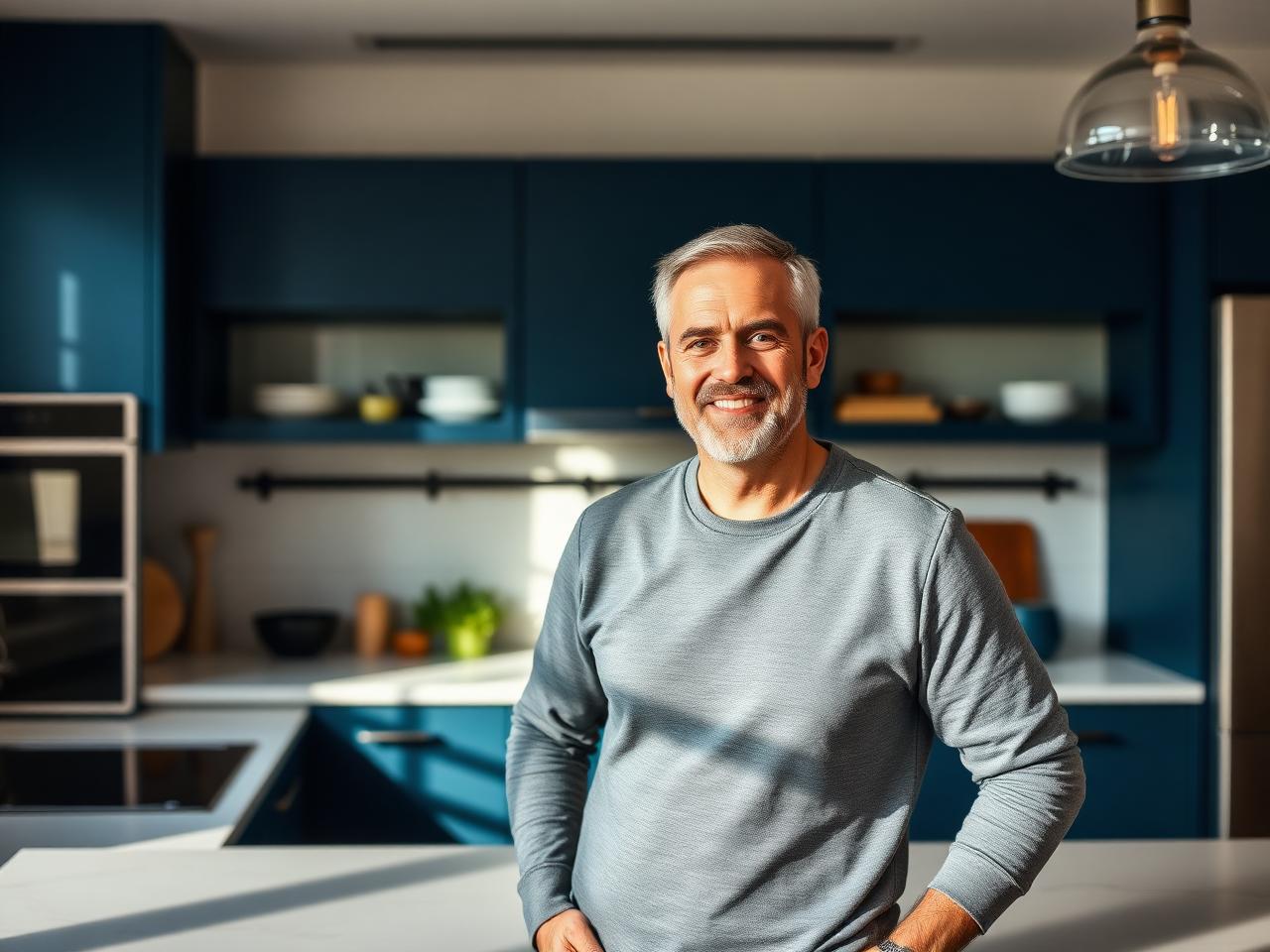 A confident man in a modern kitchen