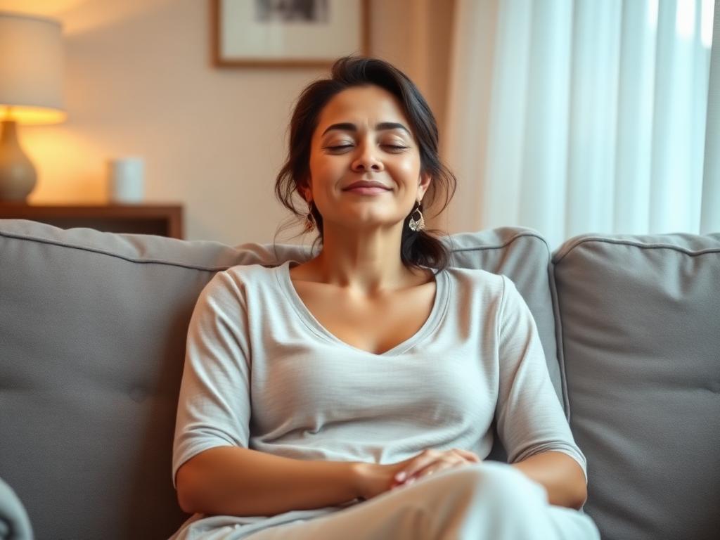 Relaxed woman sitting peacefully at home receiving low-dose ketamine therapy for anxiety and depression treatment